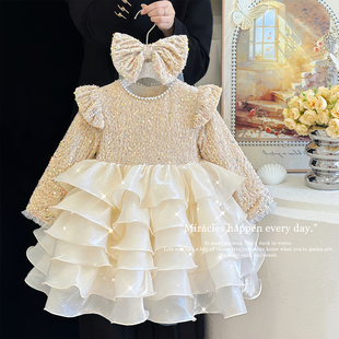 女童连衣裙秋冬2026新款儿童高级感加绒亮片公主裙生日礼服蓬蓬裙
