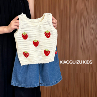 韩系女童套装夏季2025新款小女孩草莓背心牛仔裤洋气休闲运动装潮