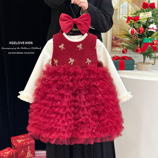 女童连衣裙冬季2026新款高级感加厚加绒新年服裙子儿童红色公主裙