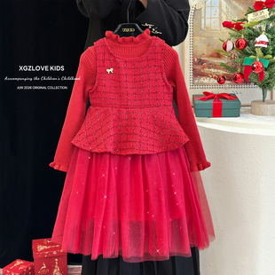 女童红色连衣裙冬季加绒洋气小香风公主裙中大童高级感网纱裙套装