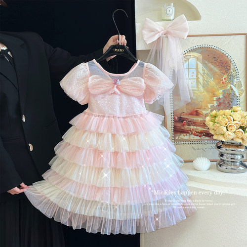 女童公主裙夏季2026新款儿童超仙粉色连衣裙生日礼服蛋糕蓬蓬纱裙
