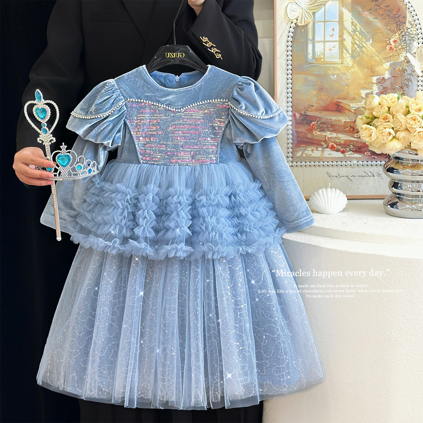 女童爱莎公主裙冬加绒生日礼服裙