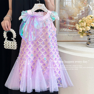 女童公主裙夏季洋气小女孩美人鱼连衣裙女宝宝人鱼姬亮片拼接纱裙