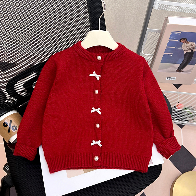 女童蝴蝶结圆领开衫软糯针织外套