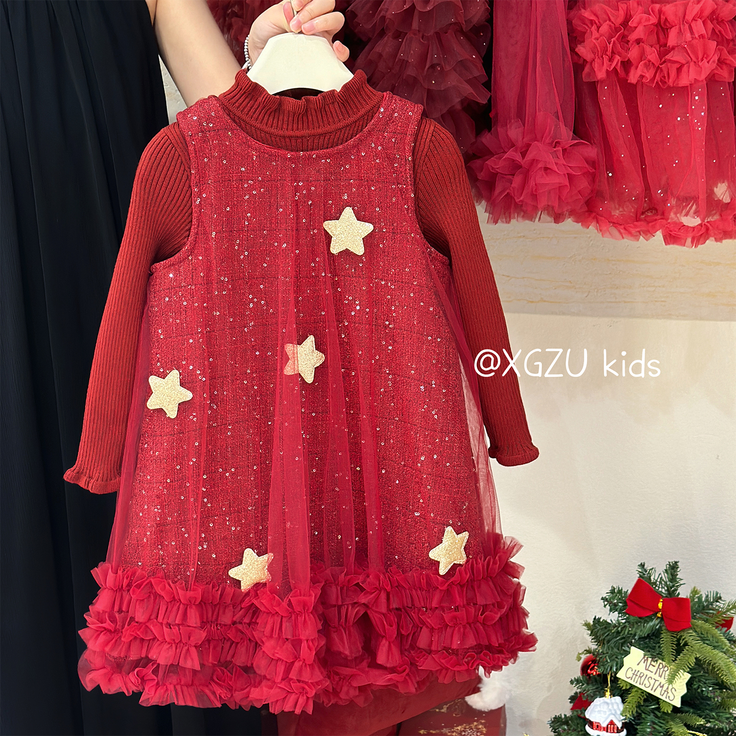 女童时髦洋气毛衣内搭网纱裙套装