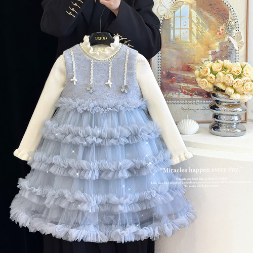 女童小香风连衣裙加绒蓬蓬网纱裙