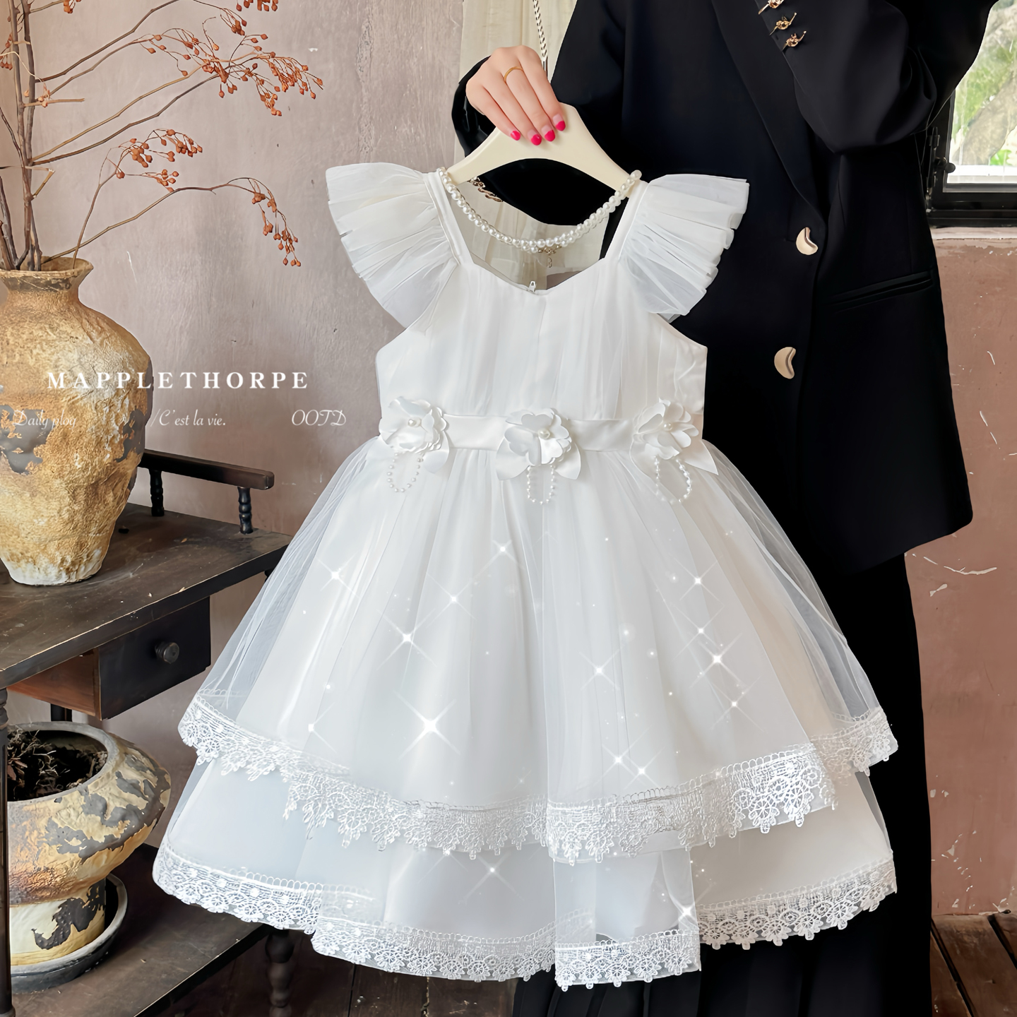 女童高端白色礼服连衣裙夏季儿童钢琴演出服小女孩花童表演公主裙