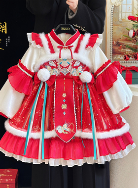 女童红色连衣裙冬款女孩加绒洛丽塔公主裙儿童洋气喜庆过年拜年服
