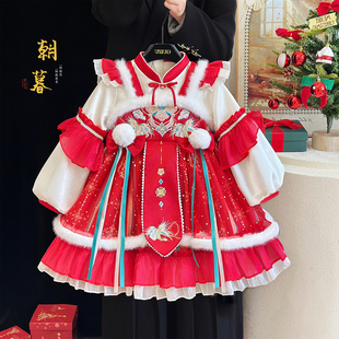 女童红色连衣裙冬款女孩加绒洛丽塔公主裙儿童洋气喜庆过年拜年服
