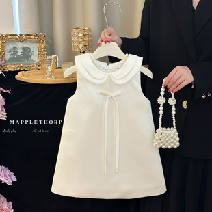 女童白色生日礼服裙子夏季高端轻奢小众女宝周岁宴气质公主背心裙