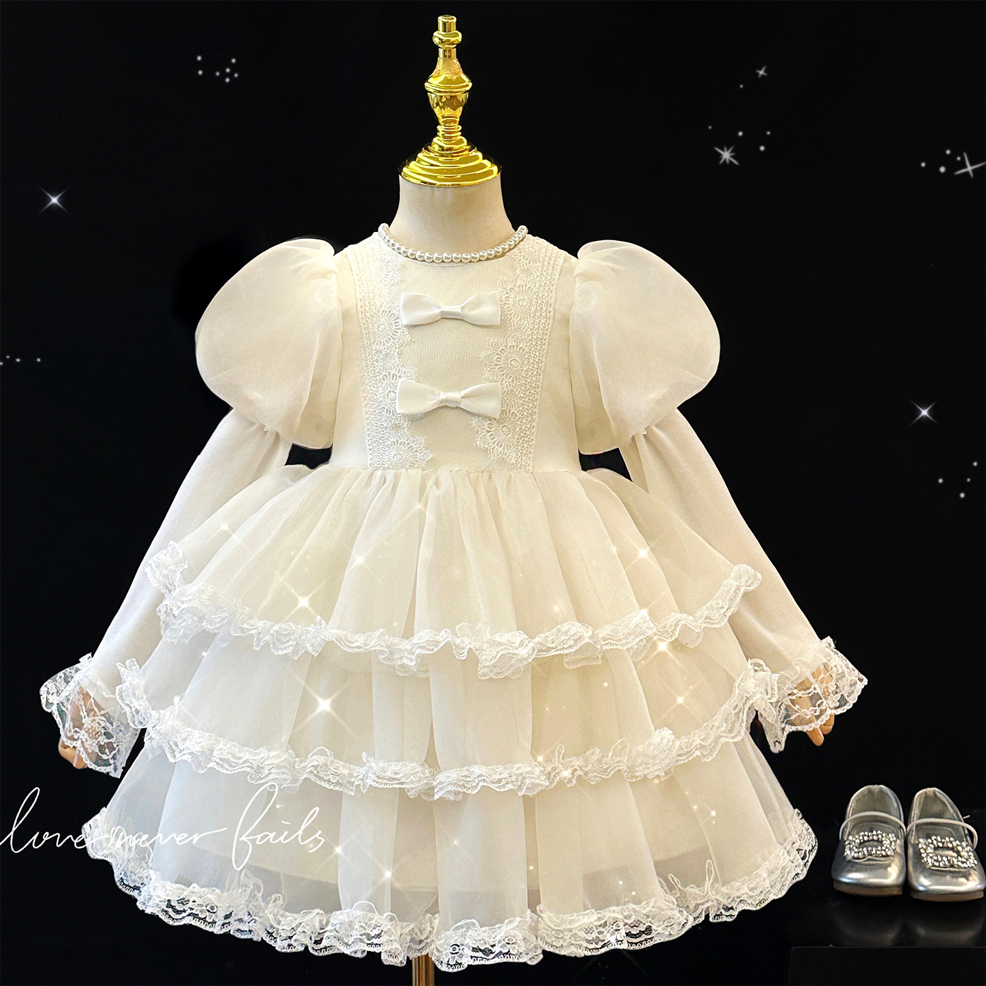 女童白色洛丽塔公主裙春秋款泡泡袖蕾丝蓬蓬裙儿童生日宴会礼服裙