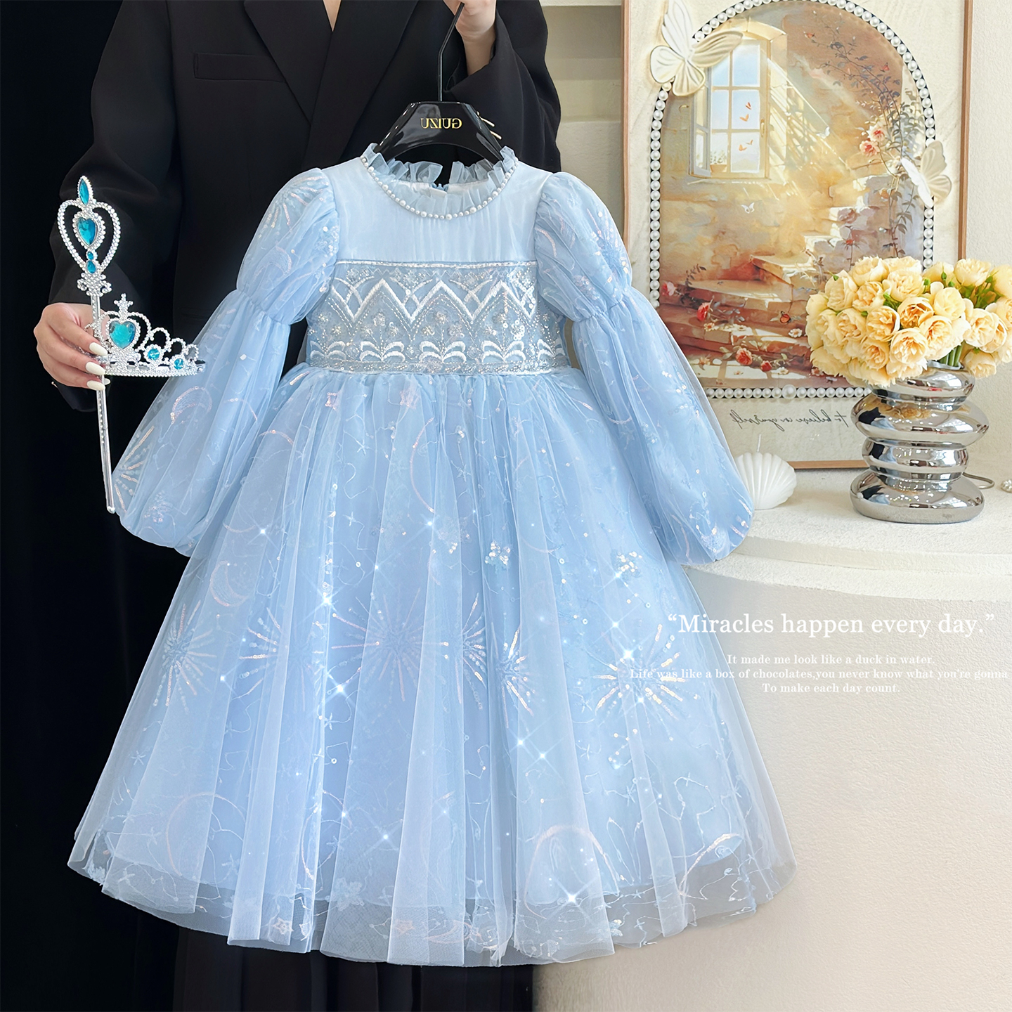 女童艾莎公主裙春秋款儿童亮片礼服裙高端生日宴会冰雪奇缘连衣裙