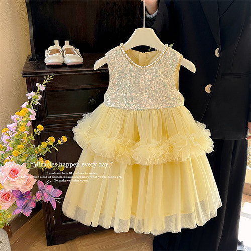 女童连衣裙夏季亮片无袖蓬蓬纱裙