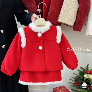 女童红色套装冬装儿童小香风拜年服洋气蝴蝶结时髦一整套过年衣服