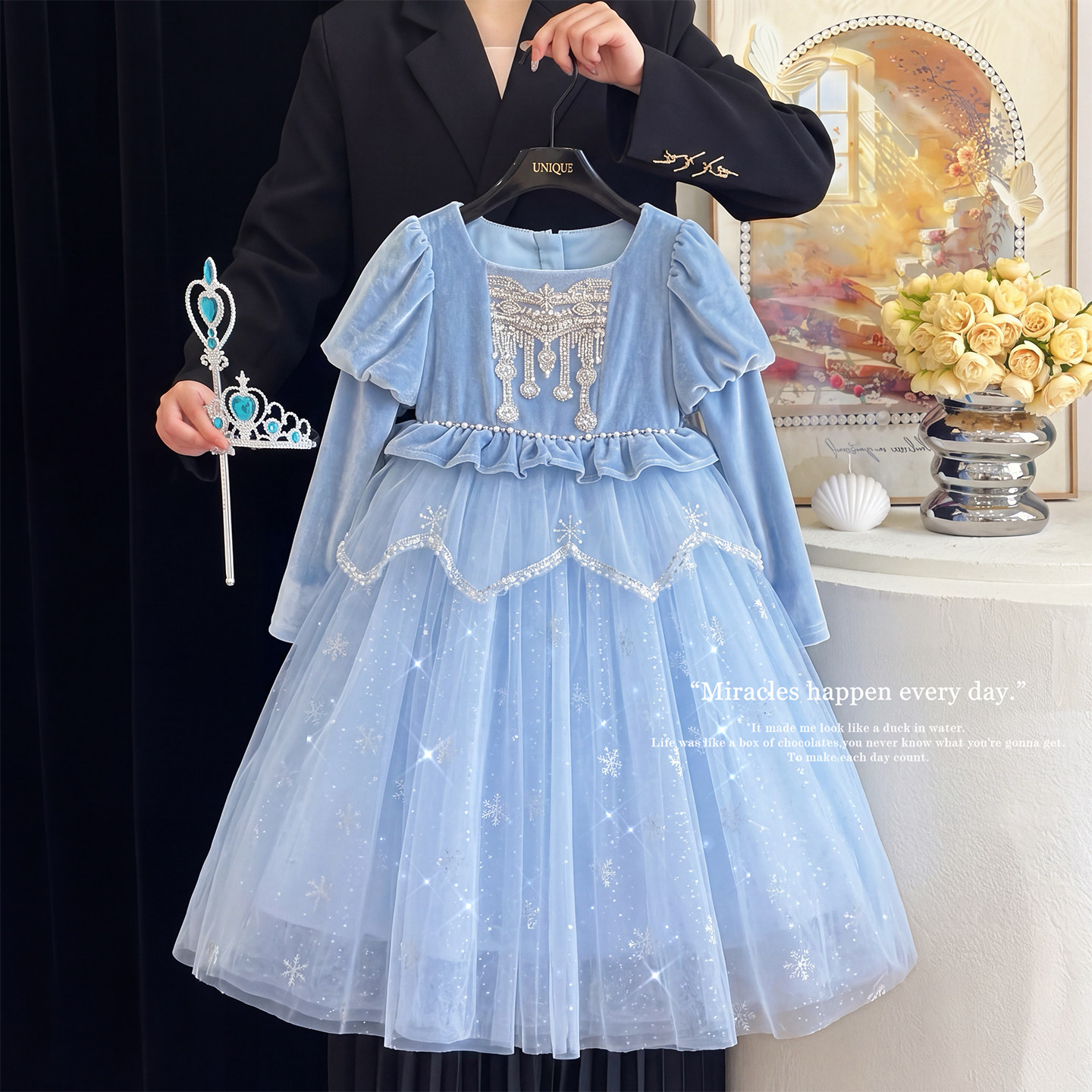女童艾莎公主裙秋高端丝绒礼服裙图片