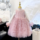 女童连衣裙秋冬款 小女孩高端礼服粉色背心裙儿童蓬蓬裙生日蛋糕裙