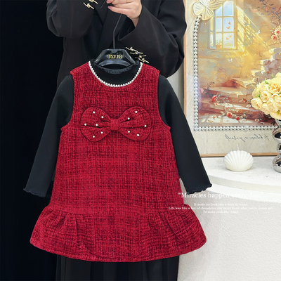 女童红色连衣裙加绒呢子背心裙