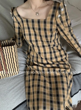 现货 DT早秋新款复古格子露肩连衣裙两穿方领法式中长百搭a字裙女