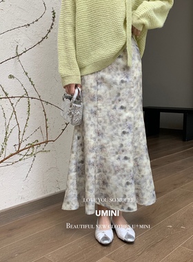 现货U+25新款法式高级感印花鱼尾裙复古气质高腰显瘦百搭半身裙女