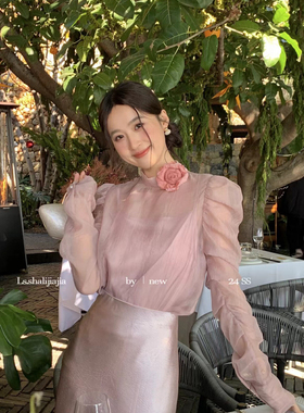 现货24新款温柔泡泡袖圆领长袖小衫花朵衬衣珠光仙女气质chic上衣