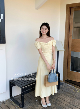 A-ONE法式简约气质蝴蝶结一字肩两穿连衣裙女显瘦高级感度假长裙