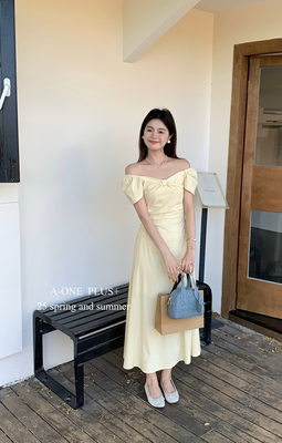 A-ONE法式简约气质蝴蝶结一字肩两穿连衣裙女显瘦高级感度假长裙