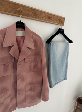 AK早秋2024新款设计感复古单排扣鹿皮绒长袖西装外套女休闲西服潮