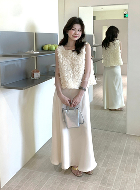 现货RS.WHMT法式立体玫瑰花朵无袖背心小衫缎面半身长裙两件套装