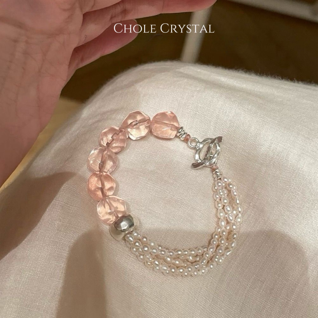 [桃花]定制天然粉水晶菠萝珠拼接珍珠设计款手串爆款时尚礼物手饰