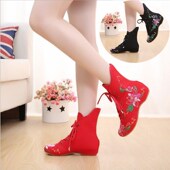 民族风女鞋 老北京女布鞋 系带高帮单靴 时尚 内增高绣花鞋 秋冬季 新款