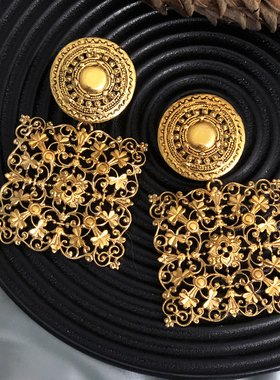 中古法产SR稀有巴洛克古典立体雕花金色扫肩耳夹