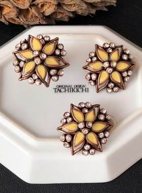 中古法产taratata南法风珐琅莱茵石花朵耳夹戒指套装