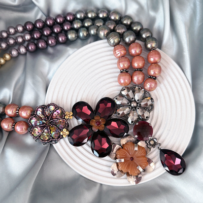 中古法产reminiscence重工巴洛克珍珠花卉水晶项链