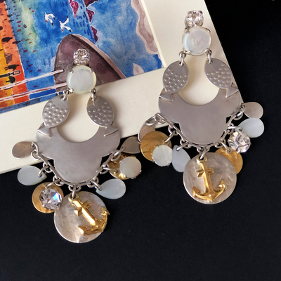 中古法产Reminiscence航海绮梦系列船锚金银拼色贝母流苏耳夹