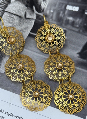 法产GAS BIJOUX雪花系列手工雕刻金属蕾丝金色耳钩