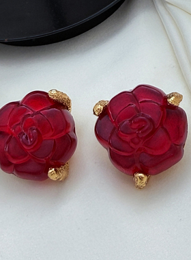 法产正品Gavilane复古之王浓郁玫瑰红山茶花琉璃耳夹