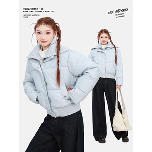 蓝色大翻领羽绒外套女款短款2025冬季针织拼接加厚面包服棉服上衣