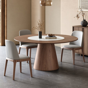 一栖一木中古风实木圆形餐桌内嵌转盘家用圆桌大户型白蜡木饭桌子