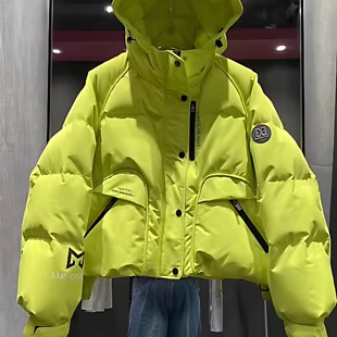 巨好看荧光绿短款女棉服加厚过冬韩版时尚棉衣潮流字母棉袄小个子