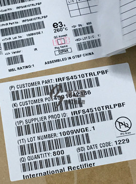 原装正品贴片IRFS4510TRLPBF 丝印FS4510 TO-263 MOS管60AA 100V