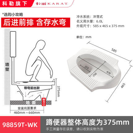 科勒卡丽蹲便器蹲坑含存水弯防臭防滑大便器后进前排式98859T-WK