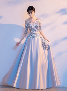 大合唱团指挥演出服女长裙成人红歌表演比赛大气灰色缎面晚礼服