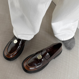 4cm真皮法式复古美拉德风百搭英伦风小皮鞋金币乐福鞋厚底单鞋女