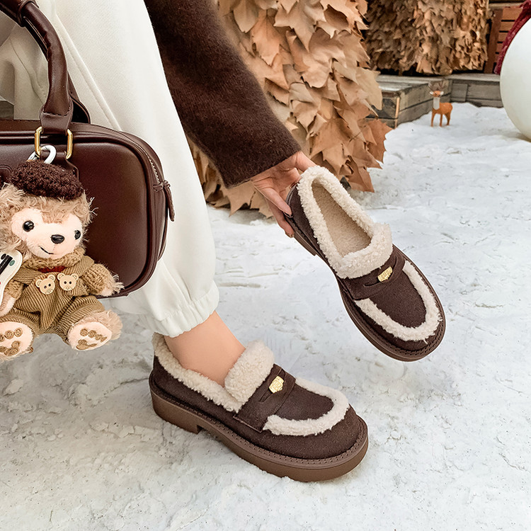 4cm真皮法式金扣保暖小皮鞋女款