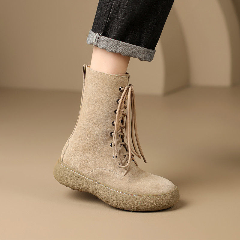 24冬新款磨砂真皮厚底复古系带马丁靴女坡跟松糕杏色圆头中筒短靴