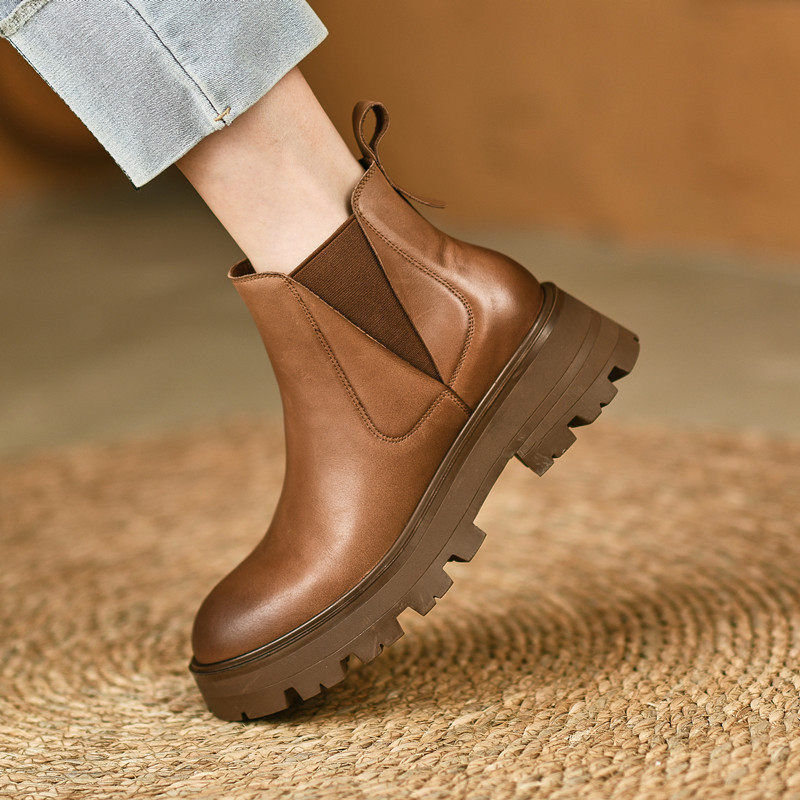 25冬新款真皮厚底松紧带复古马丁靴女坡跟平底圆头擦色切尔西短靴