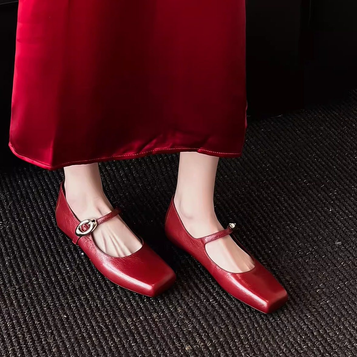 2.8cm真皮低跟红色浅口玛丽珍鞋女内增高平底一字式方头百搭单鞋,女鞋,玛丽珍鞋,淘宝优惠券,粉丝福利购,淘宝优惠卷