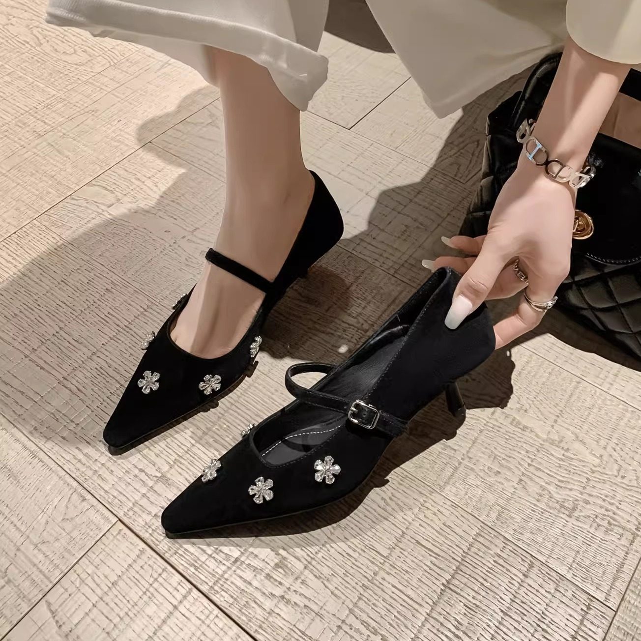 5cm磨砂真皮黑色细跟浅口玛丽珍鞋女高跟一字式复古尖头优雅单鞋