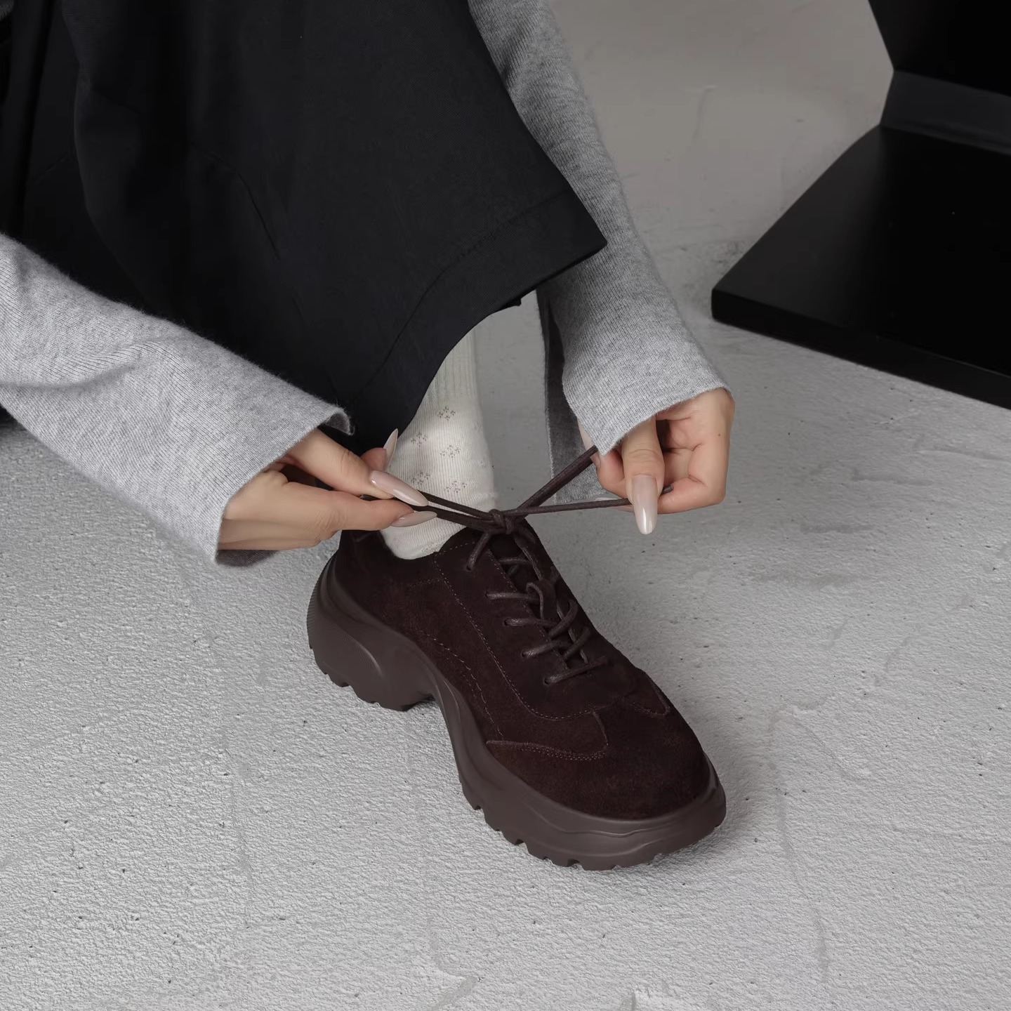 5cm磨砂真皮厚底复古系带小皮鞋