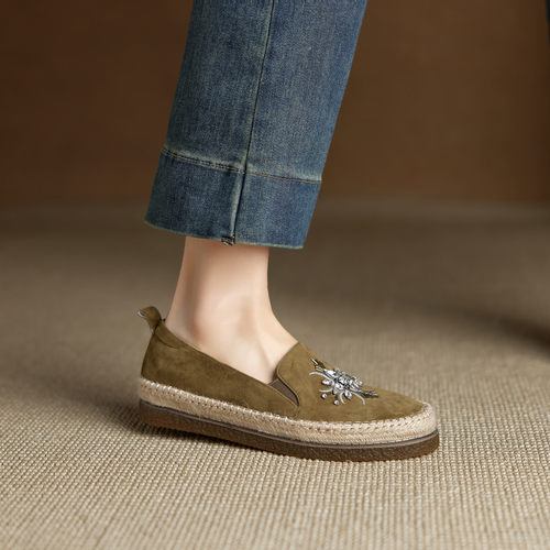 水钻内增高卡其色懒人乐福单鞋